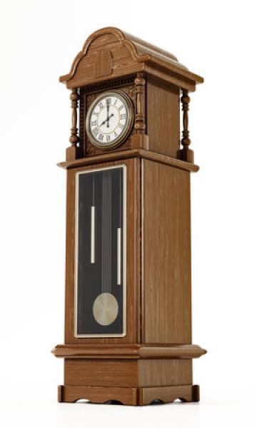 An elegant wooden grandfather clock with a visible pendulum and a white clock face, isolated on a white background.